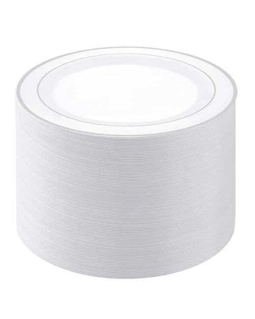 PULOTE 100PCS Silver Plastic Plates - 10 Inch Heavy Duty White with Silver Trim Plastic Dinner Plates Disposable for Dinenr, Party, Wedding & Christmas