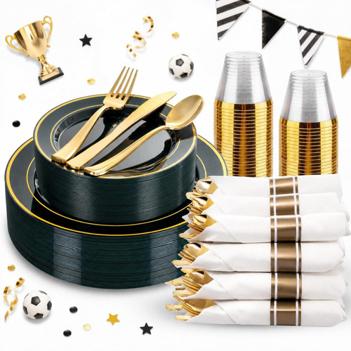 WDF Partyware 175PCS Green Plastic Plates - Green and Gold Disposable Plates 25Guests Plastic Plates with Rolled Napkins for Birthday/Party/Wedding/World Cup 2026