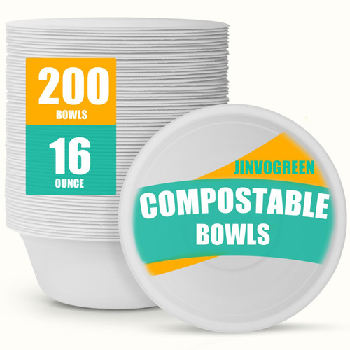 JINVOGREEN 200 Count 16 oz Paper Bowls, Disposable Compostable Bowls, Heavy Duty Biodegradable Sugarcane Bagasse Bowl for Breakfast, Salad, Snacks, Fruits, Desserts, White
