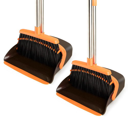 XXFLOWER 2-Pack Broom and Dustpan Set with Long Handle, Heavy Dust Broom and Dustpan Combo for Home，Kitchen, Office, Pet Hair (Brown Orange)