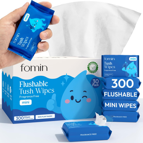 Fomin Compact Travel Flushable Wipes 30 Pack (300 Wipes Total) - Unscented Travel Size Wet Wipes for Adults - pH Balanced, Biodegradable, Plant-Based - Hypoallergenic Tush Wipes for Women & Men