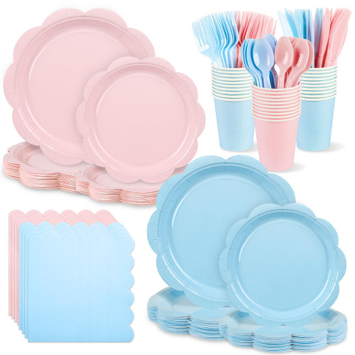 400 Pcs Baby Gender Reveal Plates and Napkins Set Party Supplies, Tableware set for 50 Guest include Pink and Blue Scalloped Plates Napkins Knives Forks Spoons Cups for Baby Shower Gender Reveal Party
