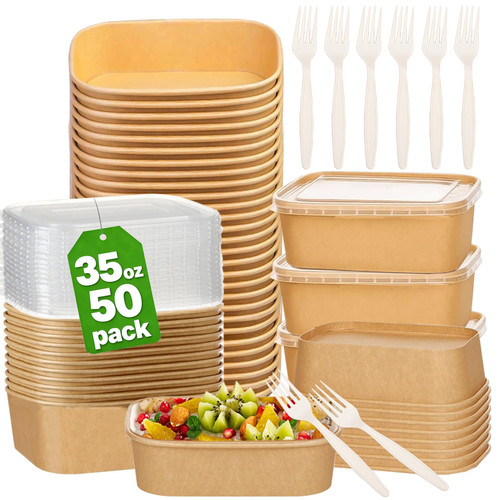 50 Pack 35Oz Disposable Meal Prep Containers With Lids and Forks-Disposable Kraft Paper Bowls-to go food containers-Microwavable and Freezer Safe Take Out Containers for Hot/Cold Food Prep and Salad