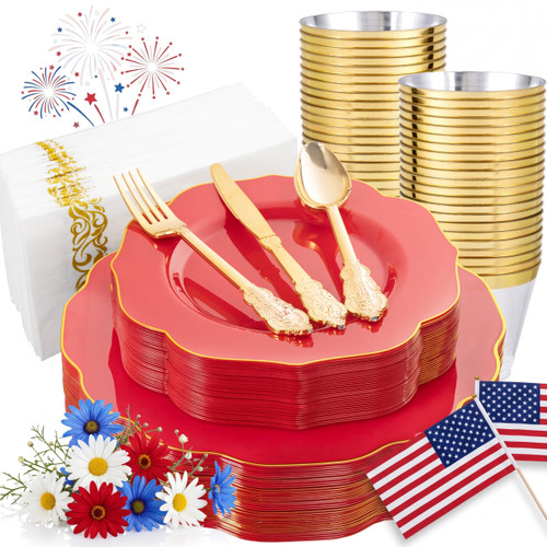 NOCCUR 175PCS Red Plastic Plates with Gold Disposable Silverware - Include 50 Red Gold Plastic Plates,25 Knives,25 Forks,25 Spoons,25 Cups and 25 Napkins - Ideal for Party/Independence Day/Wedding
