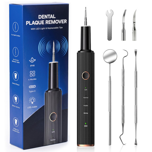 Ultrasonic Plaque Remover for Teeth - Dental Tartar Remover with LED Light, 4 Modes Rechargeable Teeth Cleaning Kit, Electric Dental Calculus Remover with 3 Stainless Steel Heads for Home & Travel