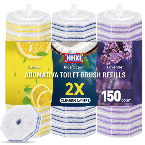 HHXI 150Ct Aromative Toilet Brush Refills, Toilet Bowl Cleaner Refills, Double-Layer Cleaning Pads Added, Disposable Refill Heads for Toilet Bowl Cleaner Wands, Bulk （Patented）