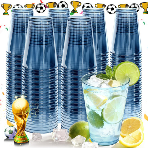 Glowserve 200 Pack Plastic Cups Disposable Blue Clear Plastic Cups Cocktail Glasses 12 oz Drinking Disposable Cups for Party New Year Birthday Wedding Graduation Father's Day World Cup