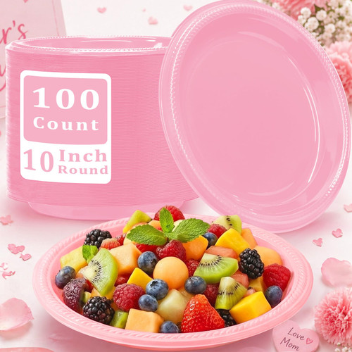 BONSINY 100 pcs Pink Plastic Plates for Mother's Day - Heavy Duty Disposable 10 inch Plastic Plates for Baby Girl, Baby Shower, Birthday, Picnic