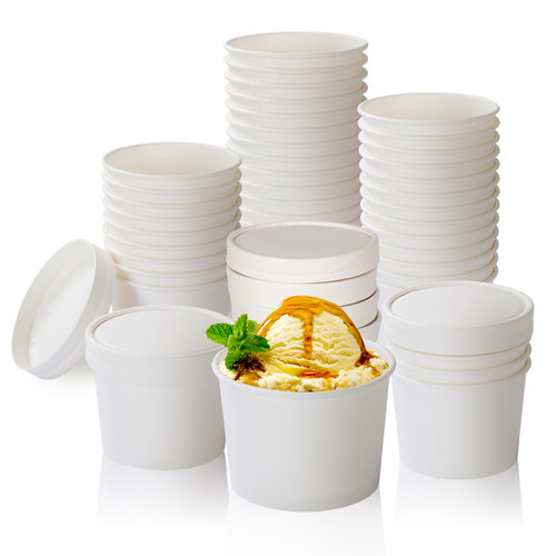 Belinlen 100 Count 4 oz Paper Ice Cream Cups with Lids Frozen Yogurt Cups Dessert Bowls Snack Dessert Bowl Supplies (White)