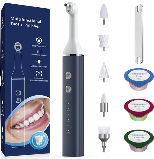 Tooth Polisher and Plaque Remover, Teeth Cleaning Tools for Cleaning and Polishing of Tooth, Dental Cleaning Tools for Brighten and Polish Teeth with 5 Brush Heads, 4 Speed Modes and 3 Polish Pastes