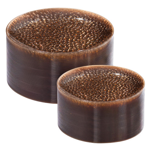 Rubtlamp 100Pcs Plastic Plates, Clear Brown Disposable Plates, Hammered Heavy Duty Plastic Platos, Fancy Disposable Platos Include 50 Coffee Dinner Plate, 50 Amber Salad Plate For Party