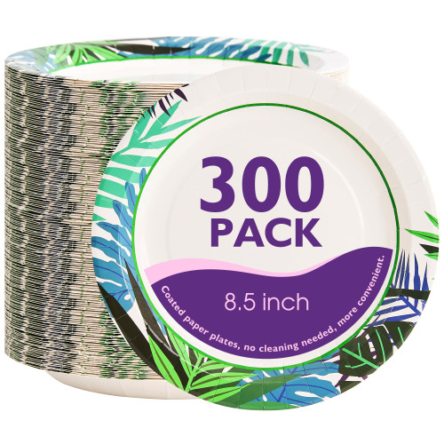 PACKINNO Disposable Paper Plates 8.5 Inch 300 Count, Soak Proof and Cut Resistant Leaf Pattern Paper Plates Bulk for Parties, Picnics, Camping, and Everyday Meals
