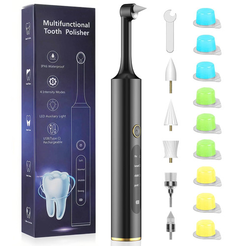 Tooth Polisher with 5 Brush Heads, Teeth Polishing Kit Electric Dental Polisher Plaque Remover Rechargeable Toothbrush LED Light Cleaning Kit for Home Use Whitening Tooth (9 Pastes, 4 Speed Modes)