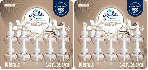 Glade PlugIns Refills Air Freshener, Sheer Vanilla Embrace, Scented and Essential Oils for Home and Bathroom, 0.67 Fl Oz,10 Count (Pack of 2)