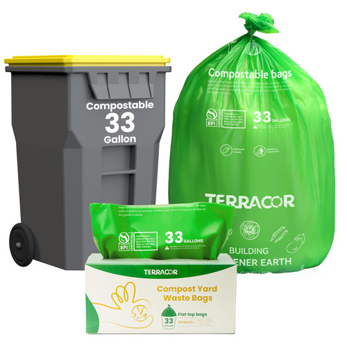 TERRACOR 30-33 Gallon Compostable Trash Bags Liners Flat-Top, Heavy Duty Extra Thick 1.28 Mil, 124.92 Liter, 30 Bags, Lawn, Yard, and Restaurant Use, ASTM D6400, US BPI Certified