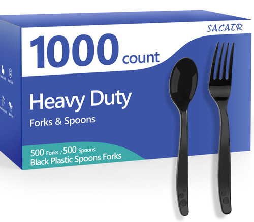 SACATR 1000 Count Black Plastic Cutlery Set (500 Spoons 500 Forks) Heavy Duty Disposable Bulk Silverware for Restaurant Catering Events