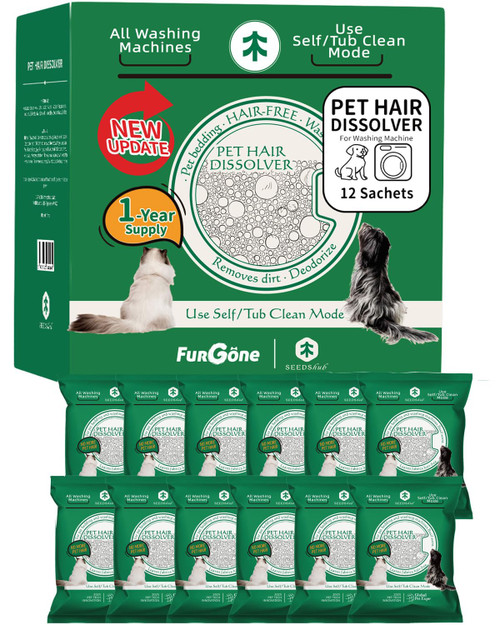 FURGONE Upgraded Pet Hair Dissolver Pro Washing Machine Cleaner Powder, Deep Cleaning Pet Bedding, 100g, 12 Sachets, Dog Cat Hair | Stain | Odor Remover for Laundry, No More Fur