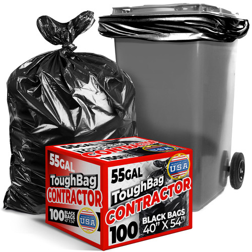 ToughBag 55-60 Gallon Trash Bags (100 Count) – 40’ x 54’ Extra Large Garbage Bags Medium Duty, Industrial & Commercial Black Trash Bags - Made in USA