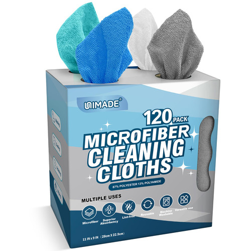 UNIMADE Microfiber Cleaning Cloth, 120 Pack Reusable Paper Towels Microfiber Towels for Cars Lint Free Shop Rags with for Home Kitchen Automotive, 11"x 9", White & Grey & Light Blue & Blue