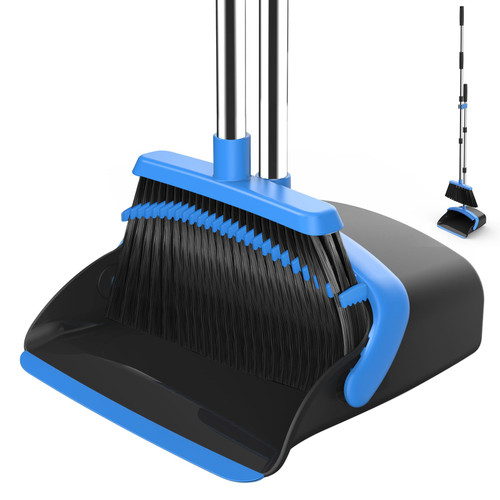 NACENA Broom and Dustpan Set, 52-in Long Adjustable Handle Broom Dustpan Combo with Dustpan Teeth to Automatically Clean Hair Suitable for Home Kitchen Office Hall Floor (Black&Blue),3 Pack