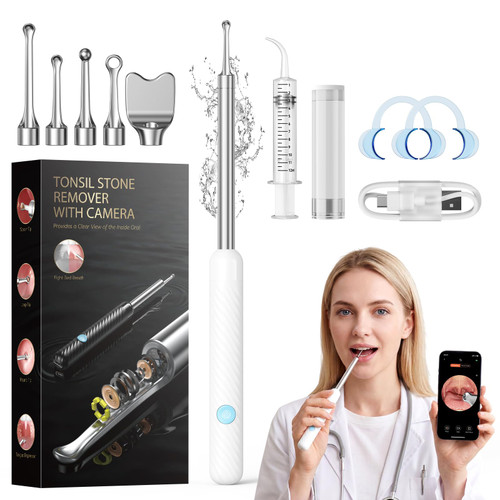 Upgraded Tonsil Stone Remover with Camera 1080P, Visual Tonsil Stone Removal Kit for Fighting Bad Breath, Take Photos & Record Videos, Food-grade Stainless Steel, IPX7, APP Visual Interface (White)