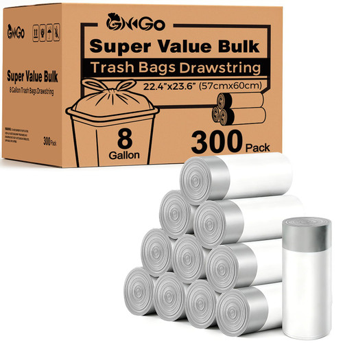 8 Gallon Trash Bags with Drawstring, 300 Count Super Value Medium Garbage Can Liners, Leak-Proof Bathroom Trash Bags for Waste Baskets, Office & Bedroom Trash Cans, 30 Liter