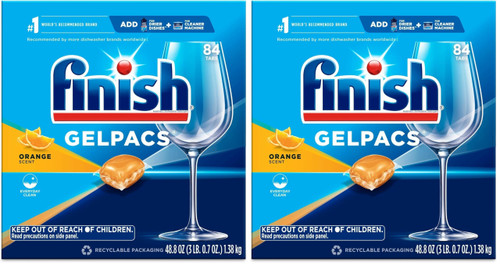 Finish Gelpacs Dishwasher Detergent Pods, Quick Dissolving Cleaning Power, Fights Grease & Dried-On Food, Easy-to-Use Pre-Measured Dishwasher Soap, Orange Scent 84 Count (Pack of 2)