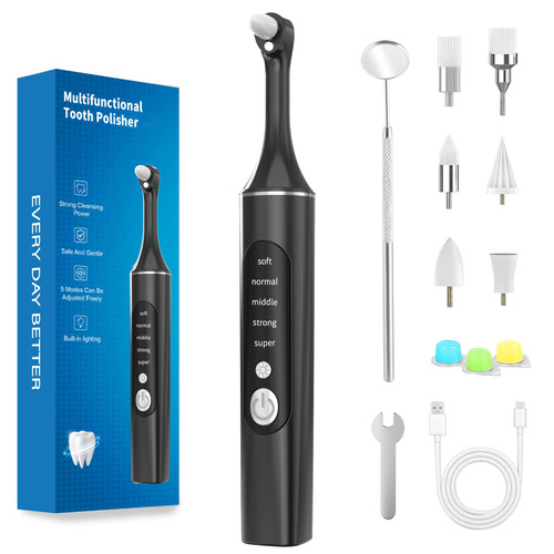 Tooth Polisher, Electric Teeth Cleaning Tools for Tooth Polish and Whitening, Teeth Cleaner with 3 Polishing Pastes, 5 Speeds, 6 Heads & LED Light, IPX6 Personal Rechargeable Dental Care Kit for Home