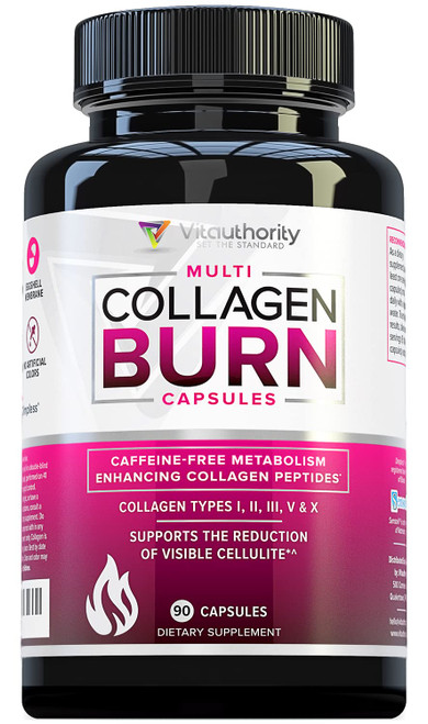 Multi Collagen Burn: Multi-Type Hydrolyzed Protein Peptides with Hyaluronic Acid, Vitamin C, SOD B Dimpless, Types I, II, III, V and X, Caffeine-Free (Unflavored Capsules)