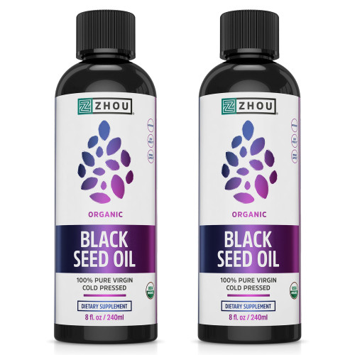 ZHOU Organic Black Seed Oil - Black Cumin Seed Oil Cold Pressed, Nigella Sativa, Pure Unrefined Blackseed Liquid, Premium Supplement for Health with Thymoquinone, Omega 3 6 9-8 Fl Oz (Pack of 2)