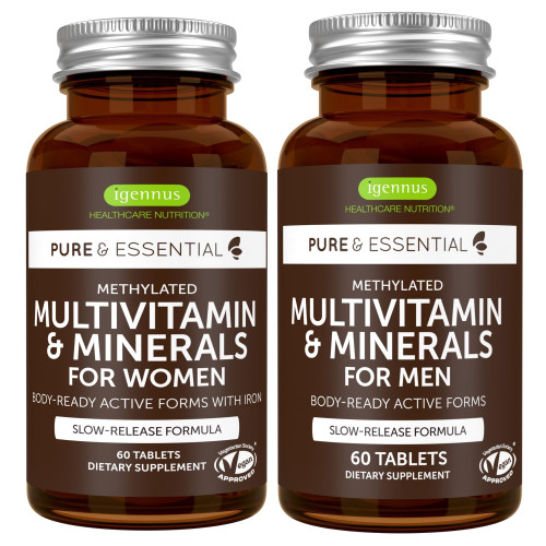 Igennus Methylated Multivitamin for Men & Women 2-Pack, All-Day Nutrient Delivery, Pure & Clean, Methylfolate & Methylcobalamin, High Strength MTHFR Supplement, Non-GMO & Halal, 30 Day Supply