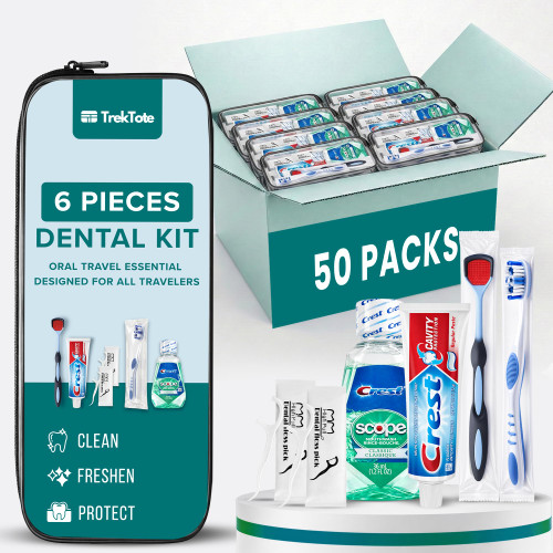 TREKTOTE Toothpaste and Toothbrush Set- 6 Piece Dental Care Kit, TSA Compliant, Includes Mouthwash, Tongue Cleaner, Flosses and Clear Toiletry Bag, Single Kit or Bulk Case Packs (50 Pack)