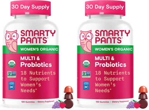 SmartyPants Organic Women's Multivitamin Gummies: Biotin,Probiotics,Methylfolate,Omega 3 (ALA),Vitamin D3,C,Vitamin B12,B6,A,K & Zinc,Inositol,Gluten Free,(30 Day Supply),120 Count (Pack of 2)