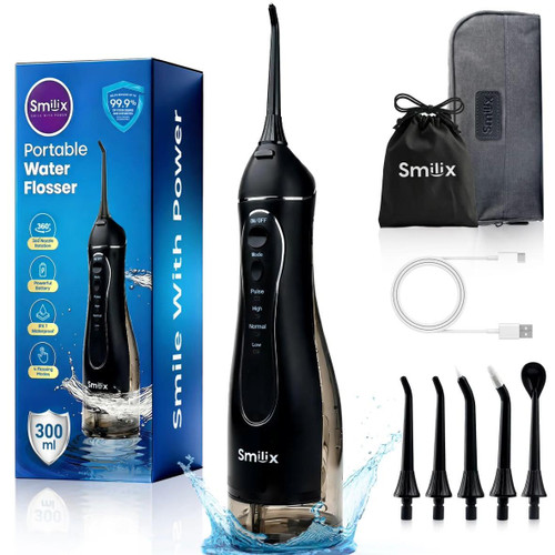 Cordless Water Flosser for Teeth Cleaning & Braces, Portable Dental Flosser 300ML, USB-C Fast Charge, IPX7 Waterproof, 4 Cleaning Modes, 5 Tips, Travel Case – Smilix
