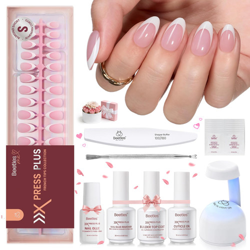 Beetles X Press Gel Nail Kit, Press On Nails Short Almond Kit with 224Pcs French Nail Tips Nail Glue & Remover Builder Top Coat Mini Nail Lamp All-in-One DIY Nail Kit Gift for Women