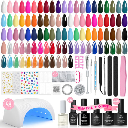 Beetles Deal Box Gel Nail Polish Kit with U V Light - 32 Colors Studio Essentials Gel Polish 68 Pcs Nail Kit with TPO & HEMA Free Base Coat Cat Eye Top Coat Home Salon DIY Nails Tools Gifts for Women