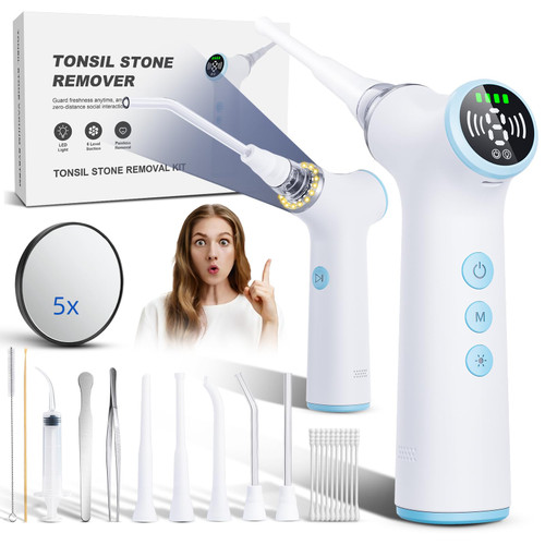 Electric Tonsil Stone Remover Vacuum – 8 Suction Levels with LED Light, Safety Pause Button & Oral Protection | High-Precision Tonsil Stone Removal Kit with 13 Attachments(White)