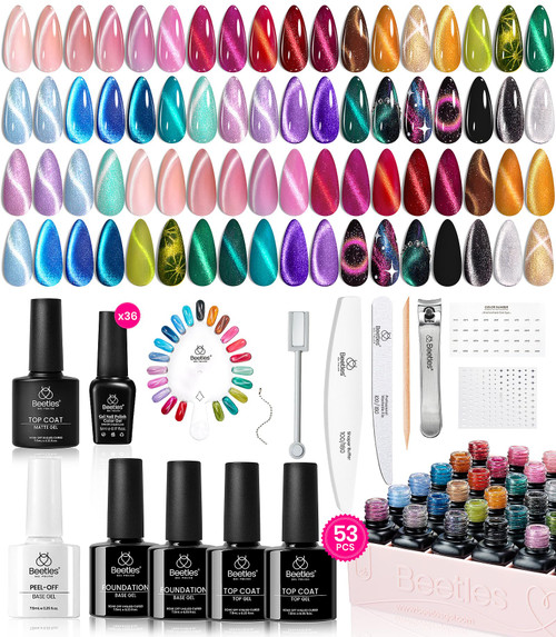Beetles Cat Eye Gel Nail Polish Set - 36 Colors Red Purple Brown Green Burgundy Magnetic Gel Polish Kit Base Glossy Matte Top Coat Soak Off UV DIY Salon Nail Art Gift for Women