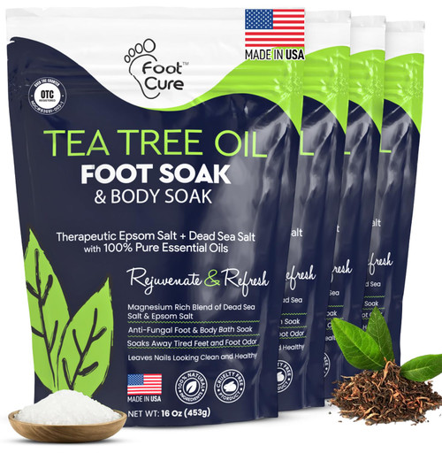 FOOT CURE Tea Tree Oil Foot Soak with Epsom Salts- for Foot Pain, Soreness, Athletes Foot, Odors, Toe Nail Fungus, Fungal, Calluses (Pack of 4)