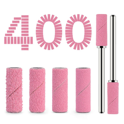 Lavinda Pink Nail Drill Bits 80#120#180#240# Small Sanding Bands for Nail Drill Nail File with 2 Mandrel Bits for Acrylic Nails Gel Manicures and Pedicure (400 Piece)
