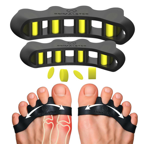 VYCE PrimalStep Fully Adjustable Toe Separators - Over 50% Thicker & More Durable - Doctor Recommended, Multiple Patents Pending - Stretches to Fit - 4 Pack Adjustable Bundle (1 Pair Size S/M & 1 Pair