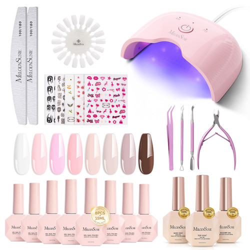 MelodySusie Gel Nail Polish Kit with UV Light P-ART06F- Popular Color Gel with Builder and Baser &Glossy Top Coat Soak Off Includes Nail Art Tools Nail Art Gift for Women & Girls