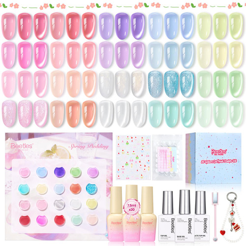 Beetles Jelly Gel Nail Polish Set - Spring Pudding 20 Colors Pastel Gel Polish Kit Jelly Pink Purple Red Blue Green Glitter Silver Cat Eye Base Glossy Matte Top Coat Home Salon Summer Gifts for Women