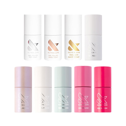Olive & June Bestsellers Gel Nail Polish Set | Hema Free | UV LED Nail Lamp Needed | 6 Shades (HD, KMC, Pink Goldfish, Icing Is The Best Part, Prom, XOXO) + Gel Top Coat, Base Coat, Peel-Off Base