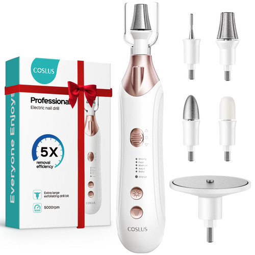 COSLUS C43 Professional Manicure Pedicure Kit, 5-in-1 Electric Nail File for Toenail Hand Feet, Basic & Thick Nails Care, Cordless, 5 Speeds, for Men Women Seniors Home Salon, Wider Grinder, White