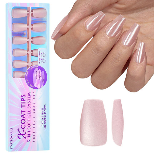 Press On Nails Short - BTArtboxnails Gel Nail Tips Coffin, Cat Eye XCOATTIPS Pre-applied Tip Primer, Soak Off Acrylic Fake Nails Glue On Nails In 16 Sizes - 160 Nail Extension, Bling Baby