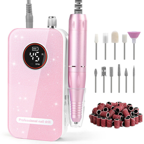 Professional Nail Drill Electric File 45000RPM, Portable Rechargeable Electric Nail File with 11 Drill Bits & 50 Sanding Bands, Low Noise Nail Drill Kit for Acrylic Gel Nails, Salon & Home Use, Pink