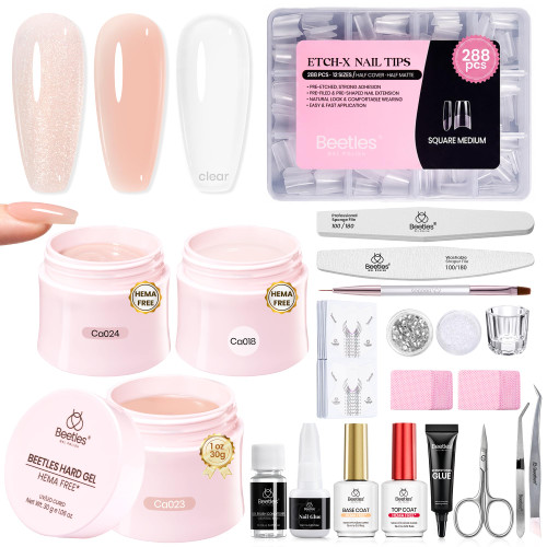 Beetles Hard Gel Kit HEMA-FREE,Mocha Glow 3 Colors Clear Nude Glitter Sculpted Gel,Medium Square Nail Tips& Nail Forms,for Extension Sculpting Building UV Nails,Nude Builder Gels for Salon Pros
