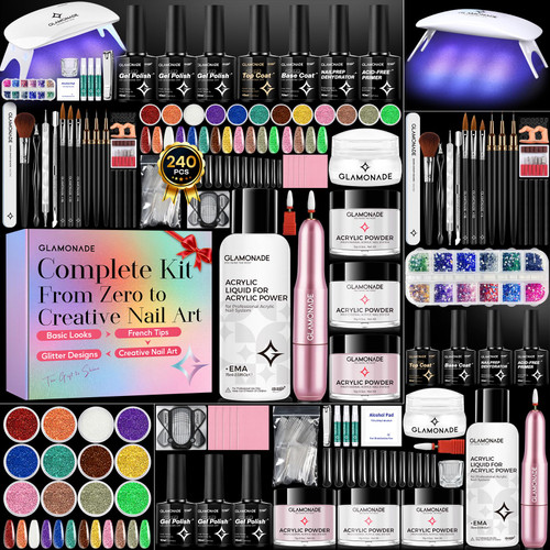 Glamonade Acrylic Nail Kit for Beginners: Professional Nail Set with Drill Acrylic Powder Gel Polish Nail Stamp for Home Starter Practice & DIY Manicure