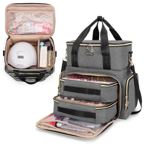 BAFASO Double Layer Nail Polish Organizer Holds 70 Bottles (15ml - 0.5 fl.oz) and a Nail Dryer, Nail Polish Case with 2 Removable Pouches and Tools Storage Sections (Patented), Gray